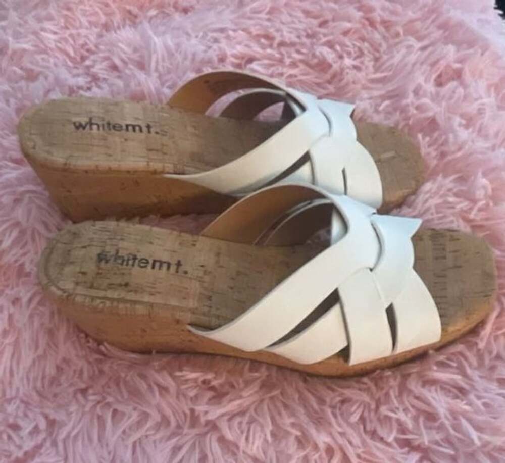 White Mountain Wedge Sandals White Cross Strap Cork Slide - Picture 3 of 9